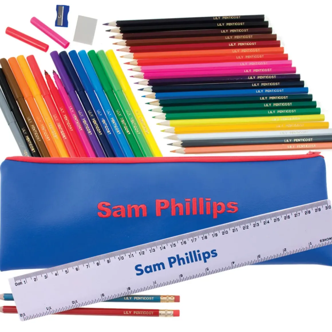 Embroidered Jumbo Pencil Case - Blue