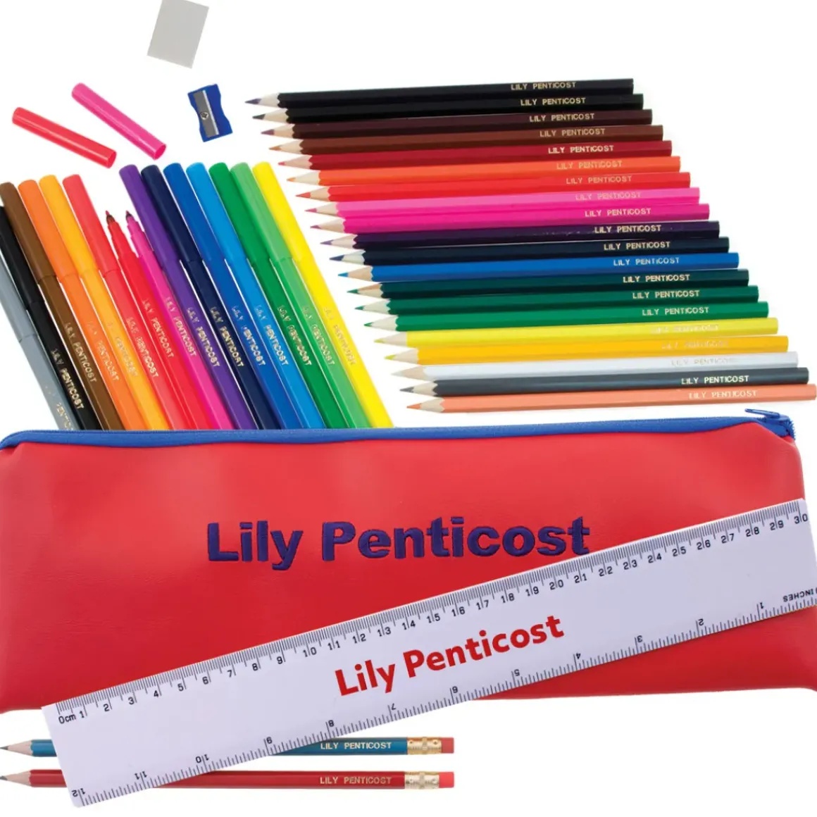 Embroidered Jumbo Pencil Case - Red